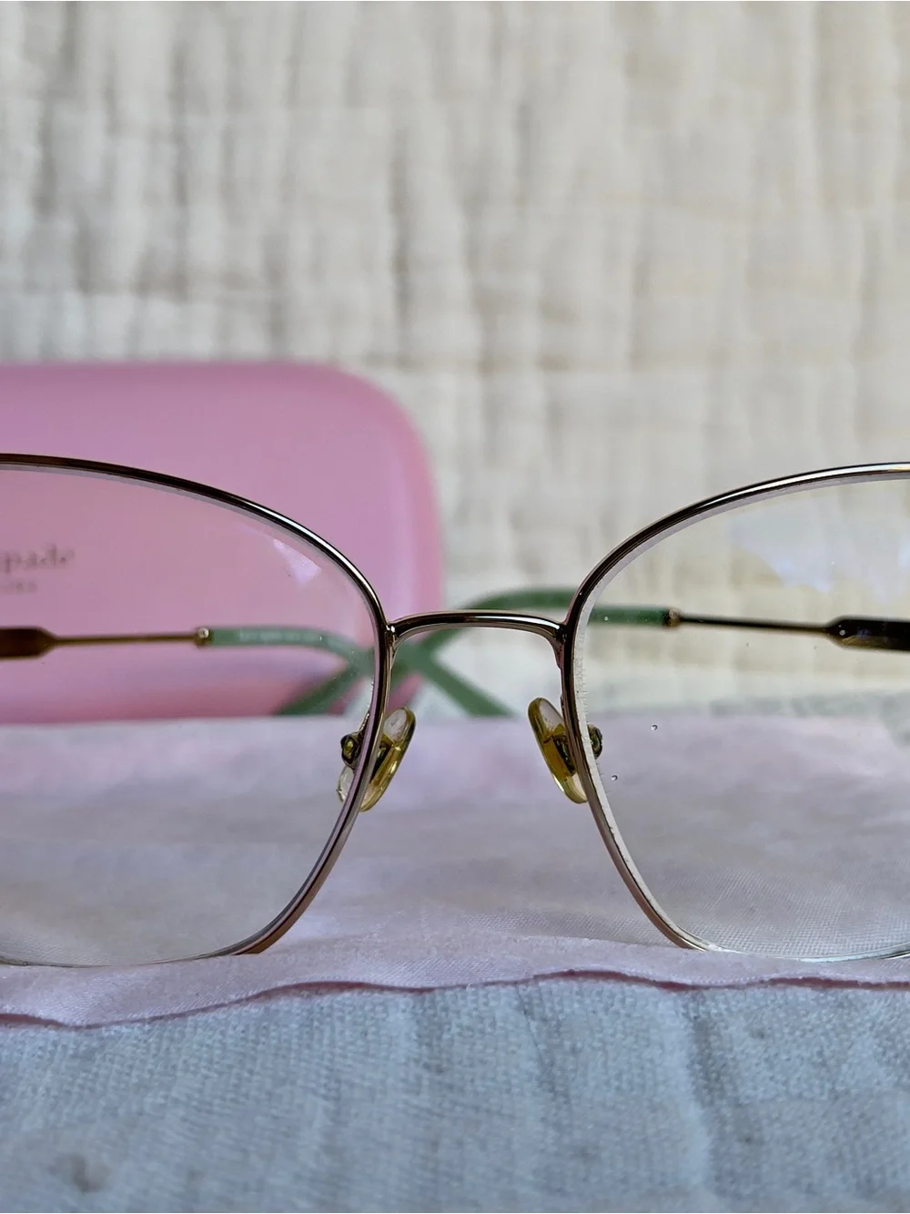 kate spade Gold Frame Eyeglasses with Mint Temples and Pink Case